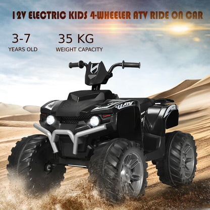 Black electric quad bike with text about age and weight limits