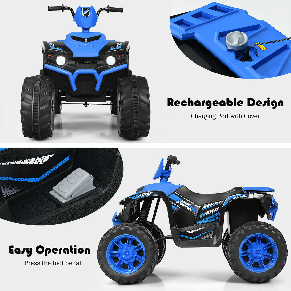 The kids electric quad bike showing the charging port, foot pedal and side profile details