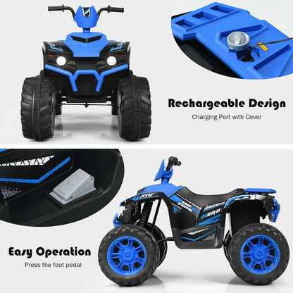 The kids electric quad bike showing the charging port, foot pedal and side profile details
