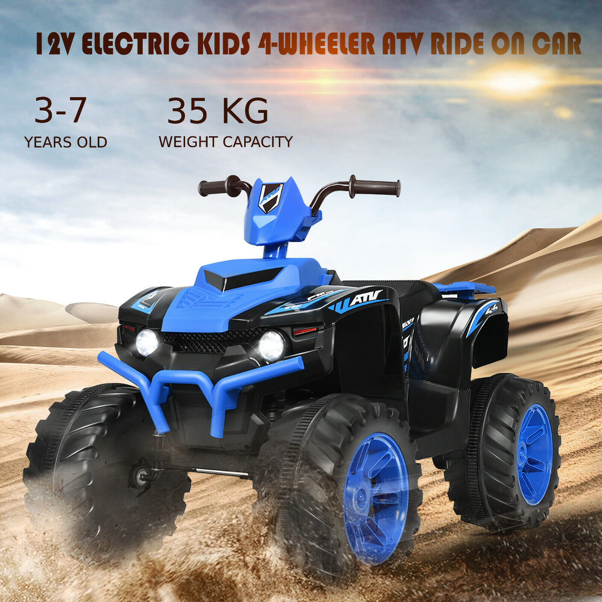 The kids electric quad bike parked on a sandy desert landscape under a bright sunny sky