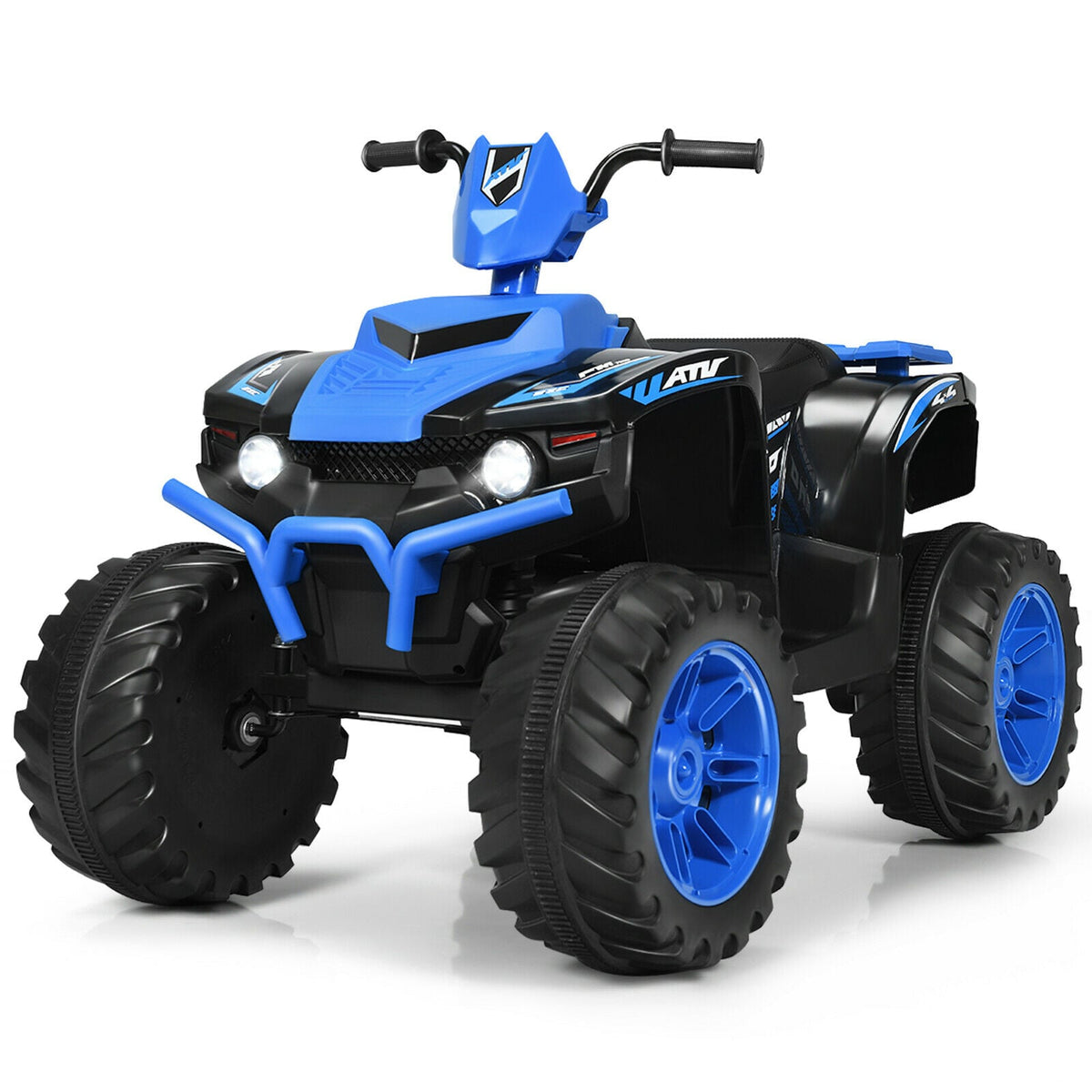 12v Electric Kids Ride On ATV / Quad Bike in blue and black with chunky wheels and front lights