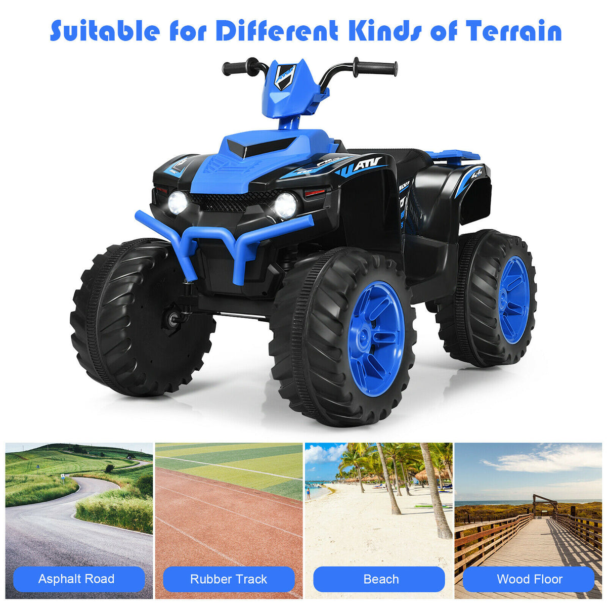 The kids electric quad bike above four small squares showing different terrain surfaces