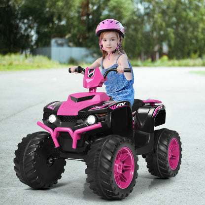 A young girl wearing a pink helmet rides the pink electric quad bike