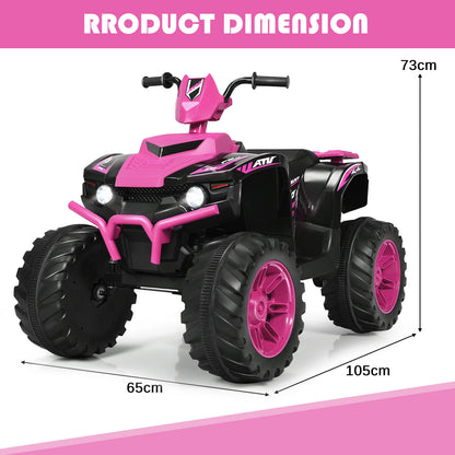 The pink electric quad bike with product dimensions labelled