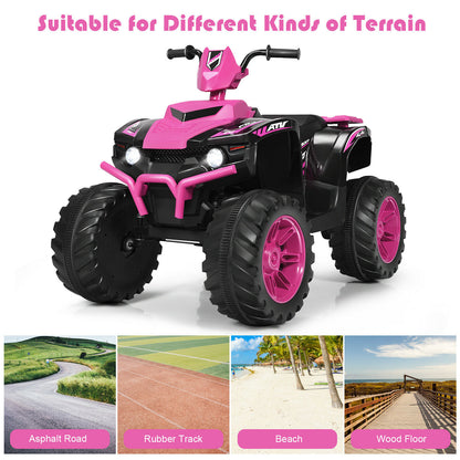 Pink electric quad bike shown on different terrains like asphalt, beach and wood path