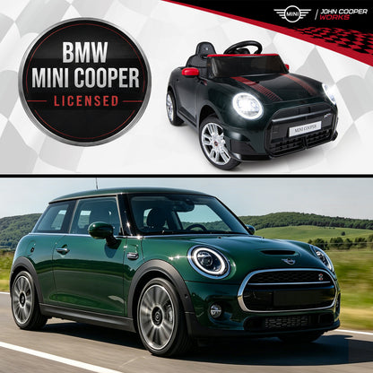 A black BMW MINI licensed electric car is shown next to a real BMW MINI
