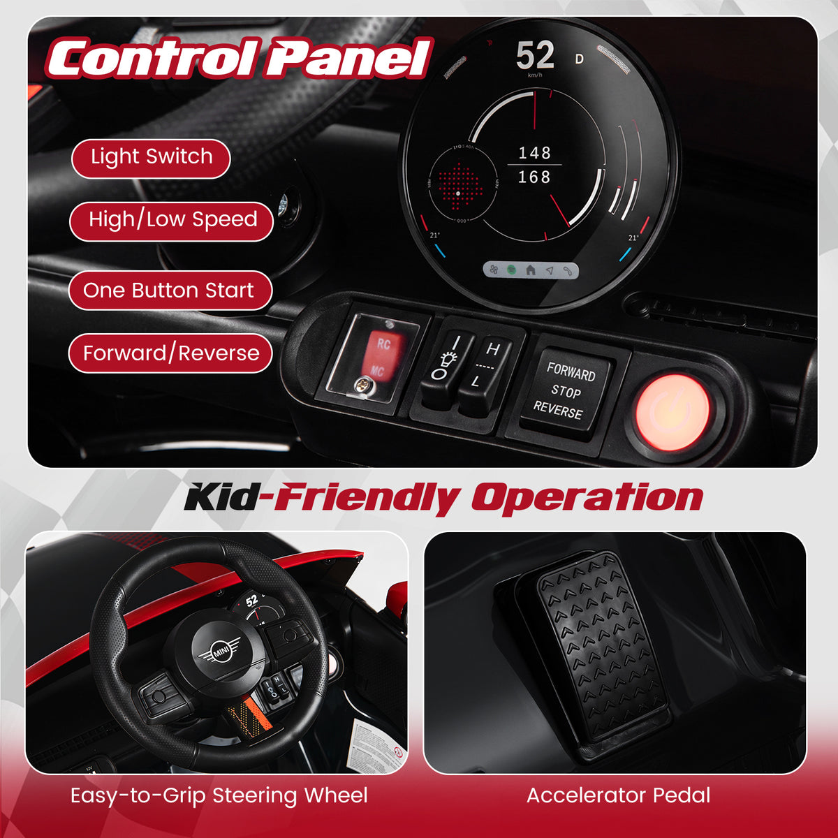 Close up of the control panel and steering wheel of the kids electric car