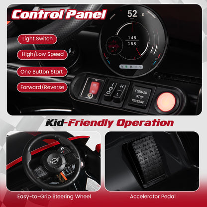 Close up of the control panel and steering wheel of the kids electric car