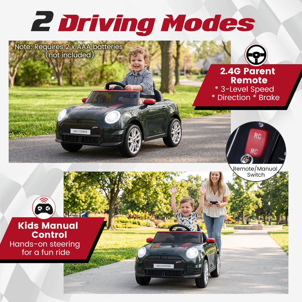 Two driving modes are shown for the kids electric car, remote and manual