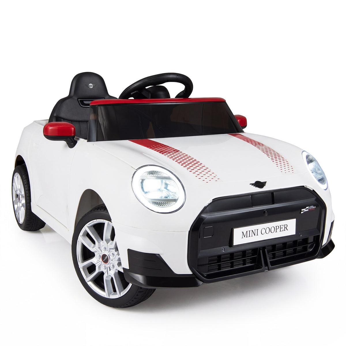 The white kids electric car with red racing stripes and black trim