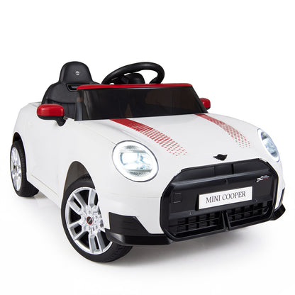 The white kids electric car with red racing stripes and black trim