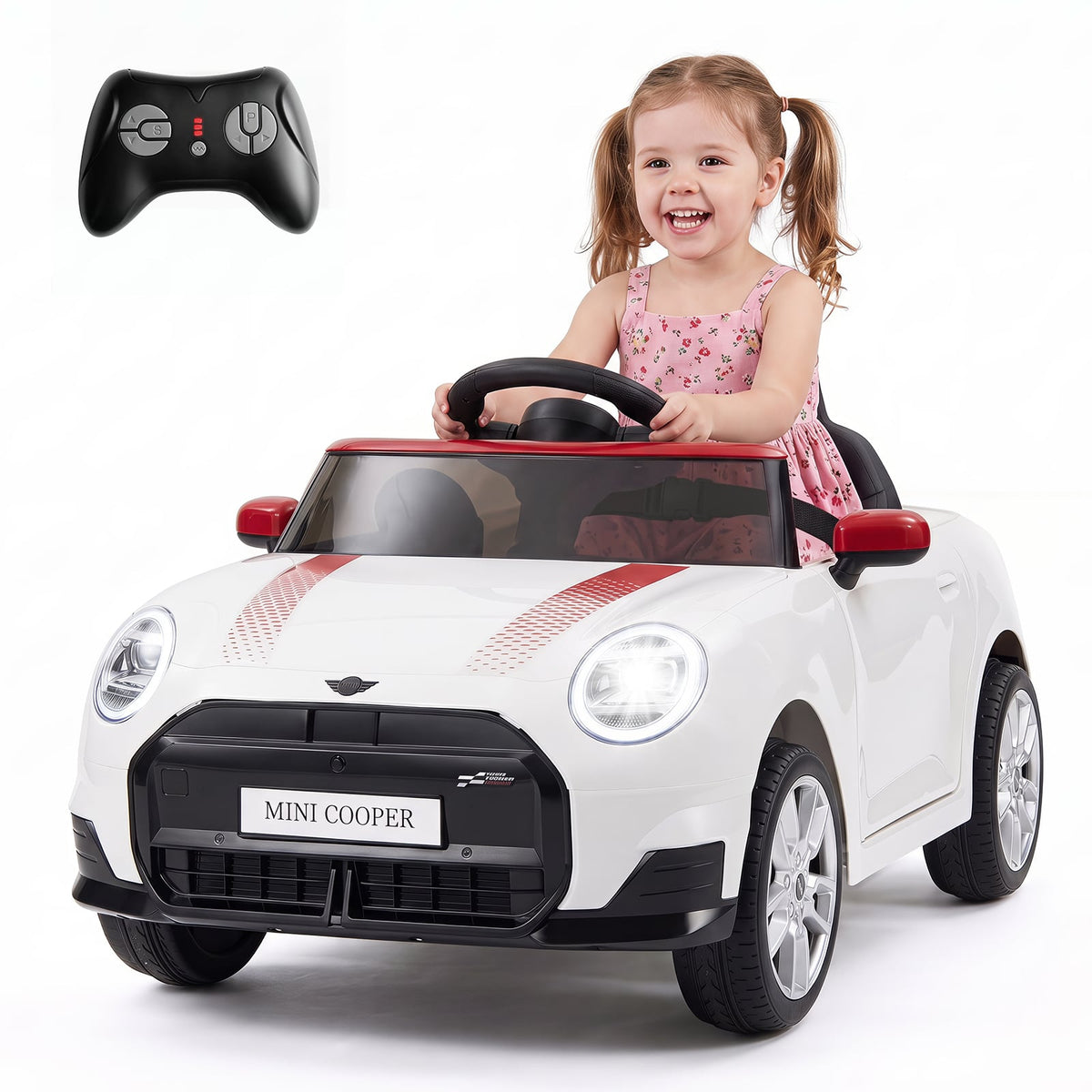 12V Electric Kids Ride on Car BMW MINI Licensed with Remote Control-White with a child driving and remote control above