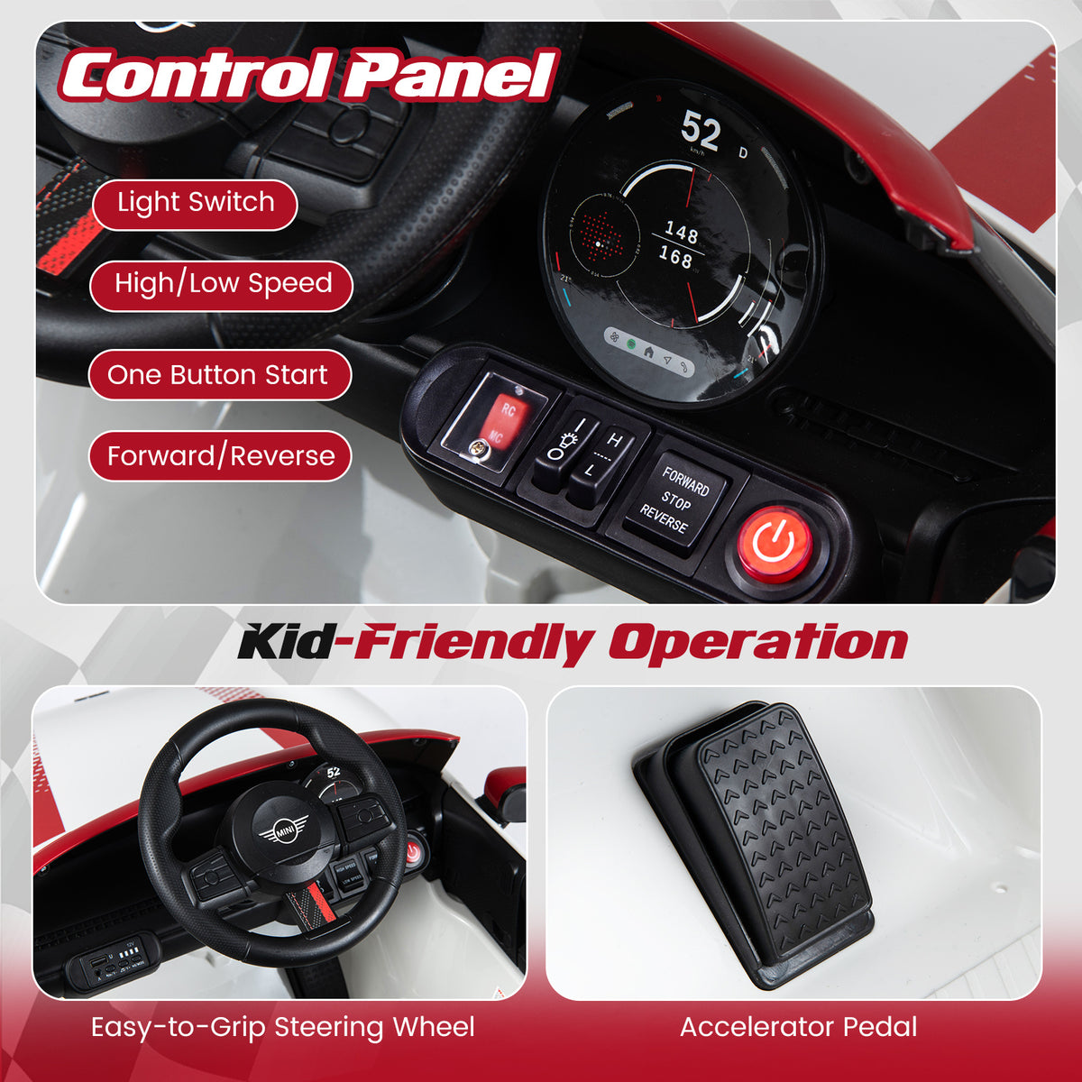 Close up of the control panel, steering wheel and accelerator pedal of the kids electric car