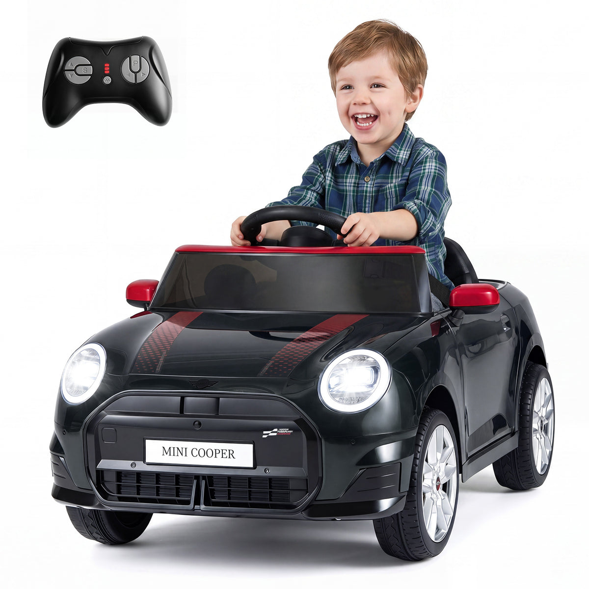 12V Electric Kids Ride on Car BMW MINI Licensed with Remote Control-Black, a child drives the car