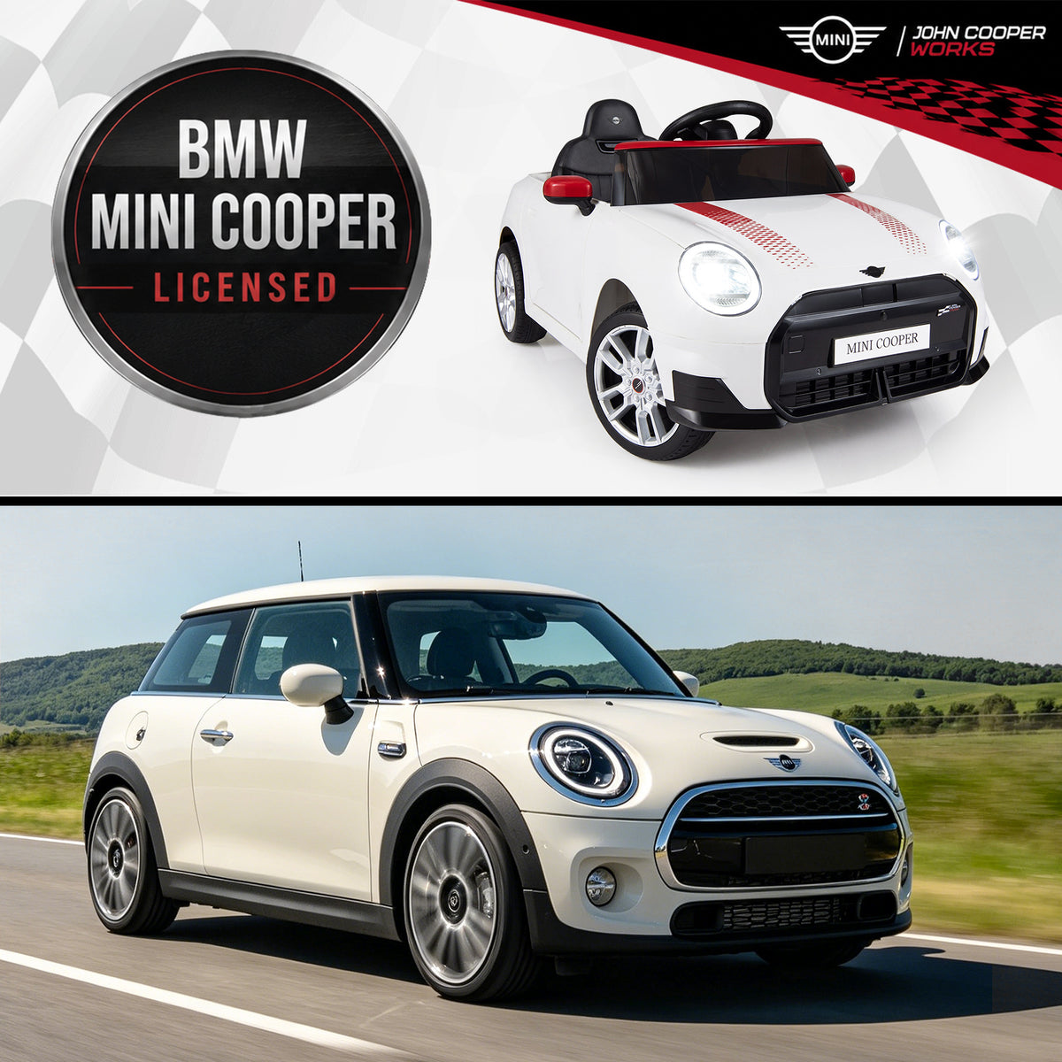 A BMW MINI Cooper car and a white kids electric car with licensed badge