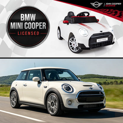 A BMW MINI Cooper car and a white kids electric car with licensed badge