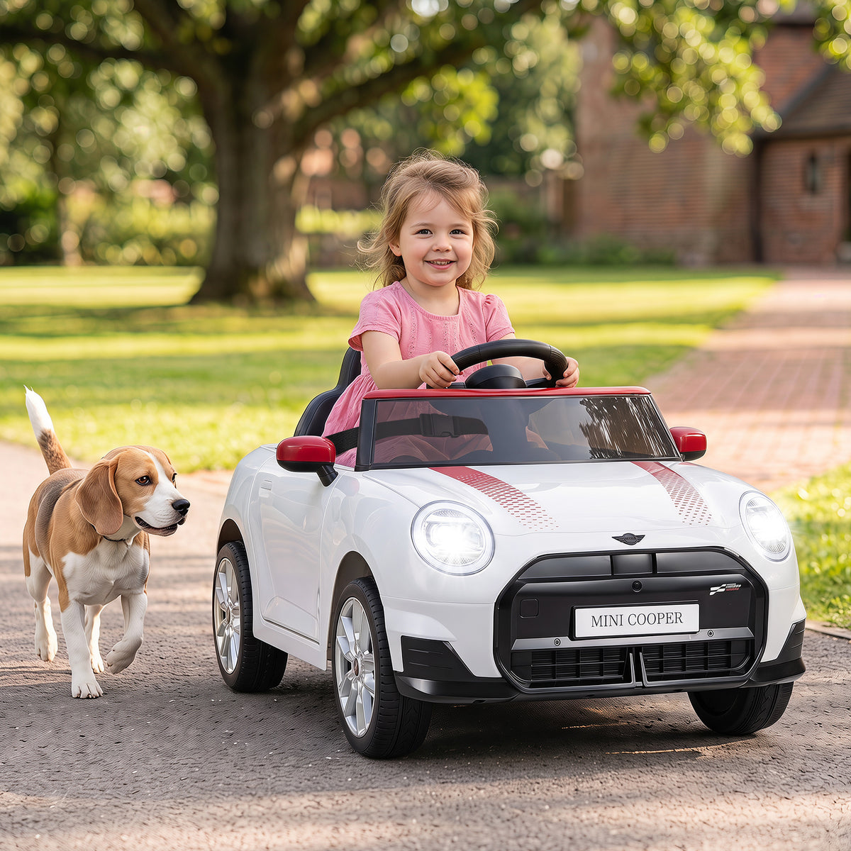 The white kids electric car with a beagle dog running alongside it on a path