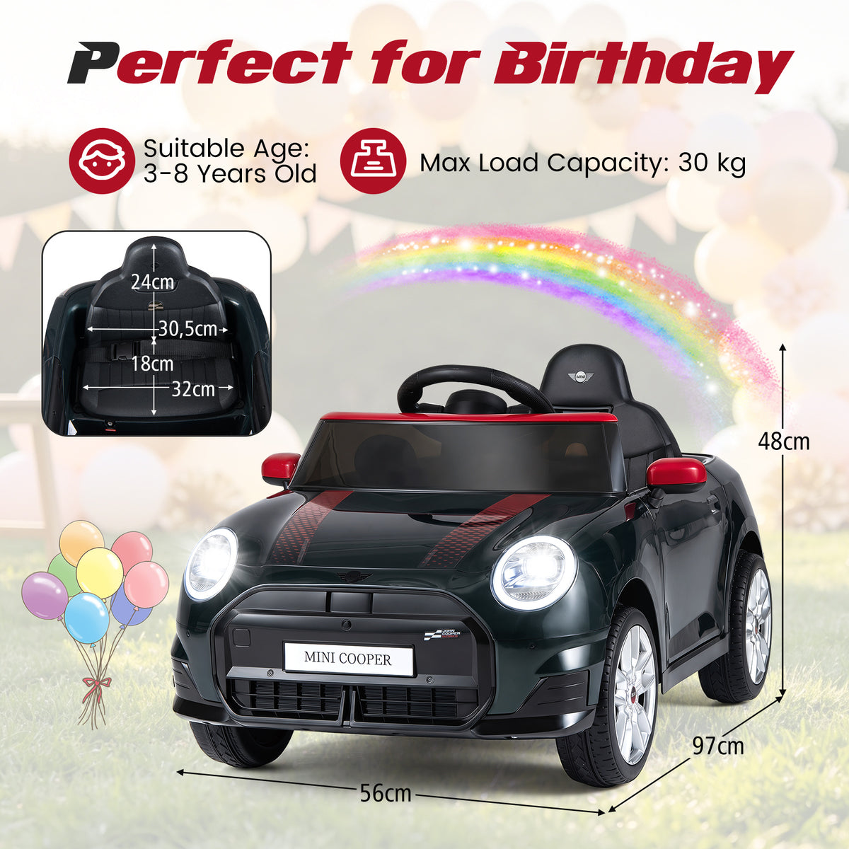 A size diagram shows the dimensions of the kids electric car