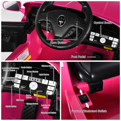 Close up of the control board and foot pedal of the pink kids electric car
