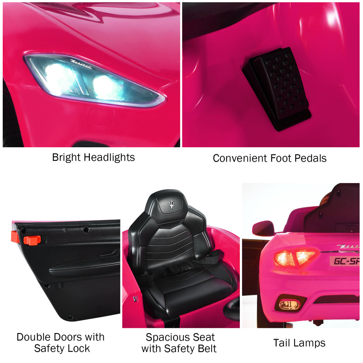 Close up views of the pink kids electric car highlighting headlights, foot pedal, doors, seat, and tail lights