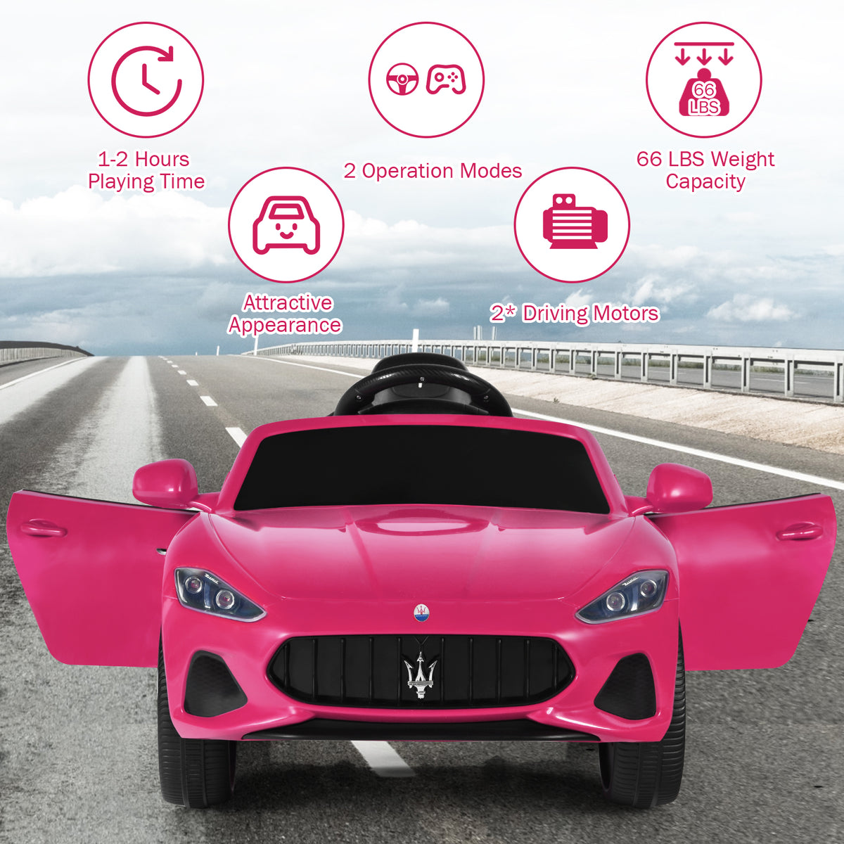Pink kids electric car with open doors showing the interior and features like operation modes and weight capacity