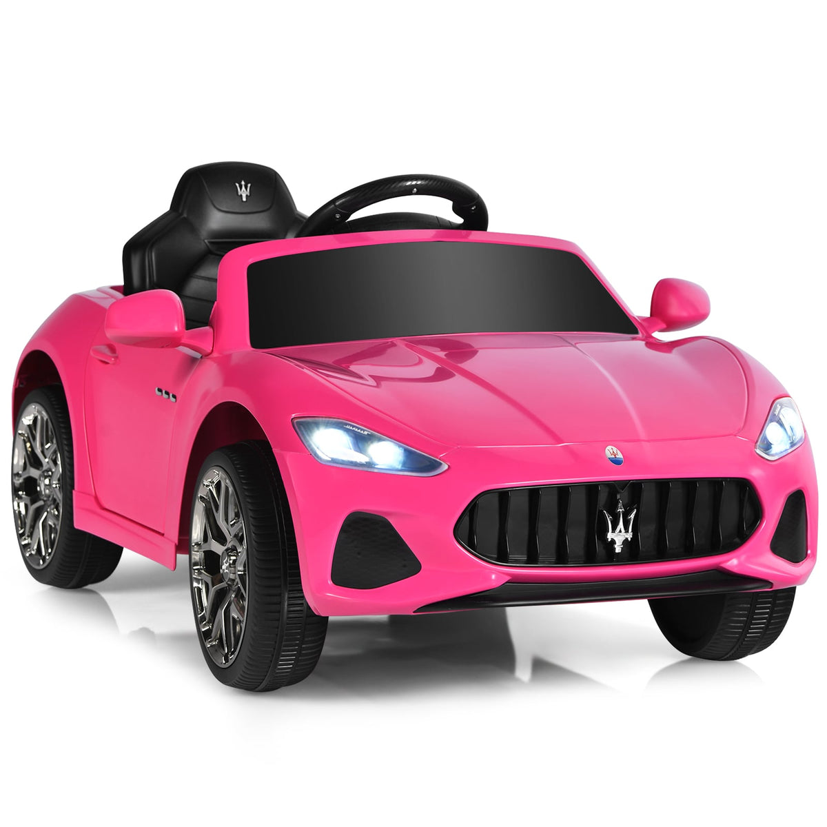 12V Electric Kids Ride On Car in pink, a sporty convertible with black interior and chrome wheels