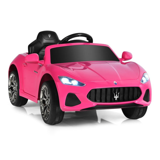 12V Electric Kids Ride On Car in pink, a sporty convertible with black interior and chrome wheels