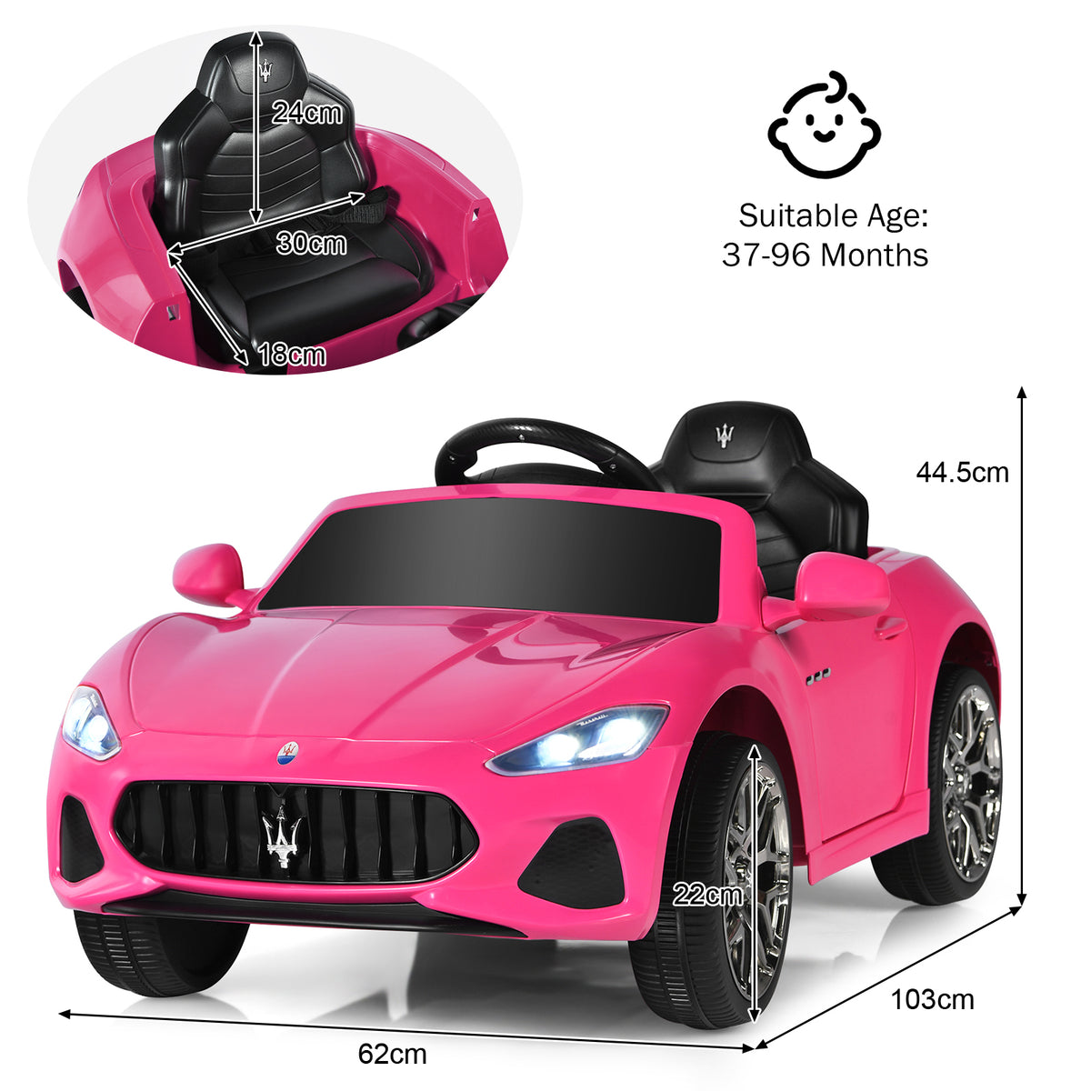 Pink kids electric car with dimensions and suitable age range indicated