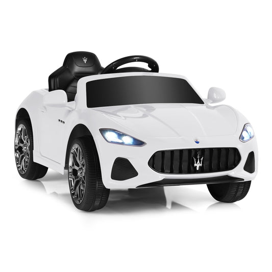 12V Electric Kids Ride On Car in white, a realistic sports car design with open doors and tinted windows