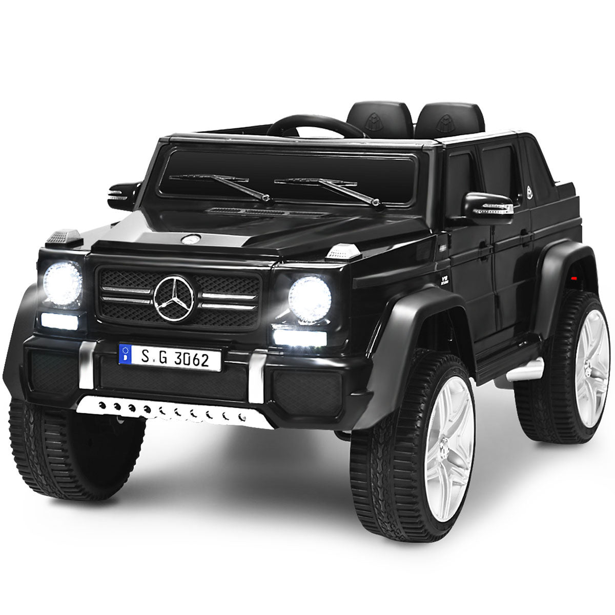 12V Electric Kids Ride On Car in black, front view with headlights on