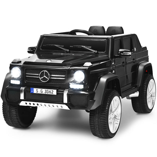 12V Electric Kids Ride On Car in black, front view with headlights on