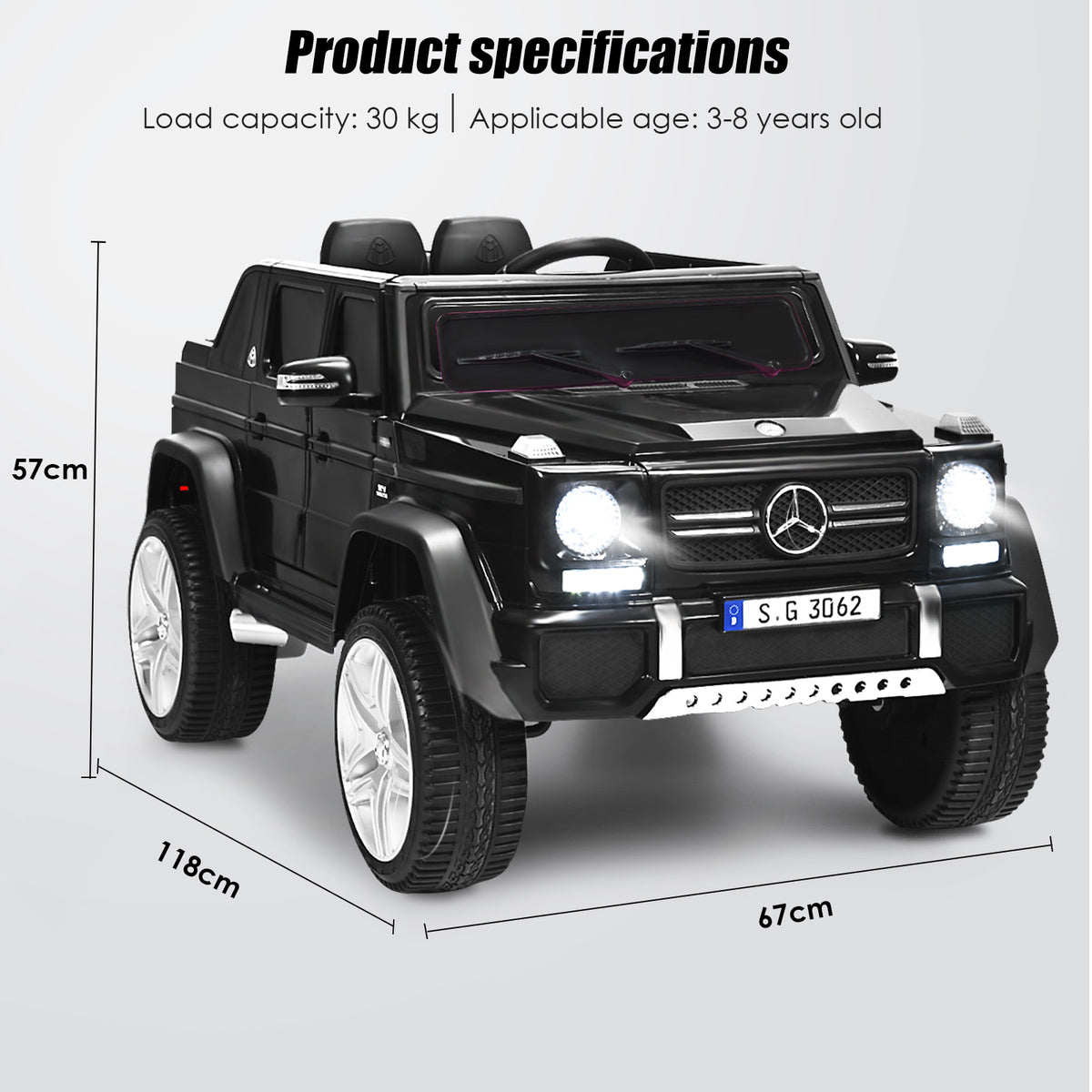 Black electric car with dimensions labelled for height, width and length