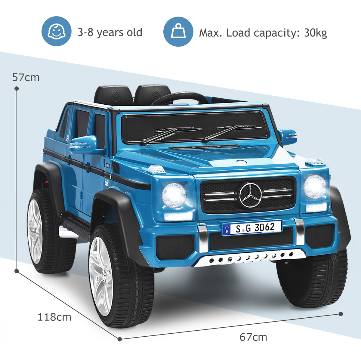 The kids electric car shown with dimension lines indicating its height, length and width