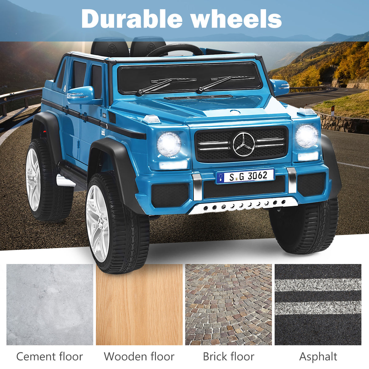 The kids electric car shown above four different types of flooring surfaces for driving