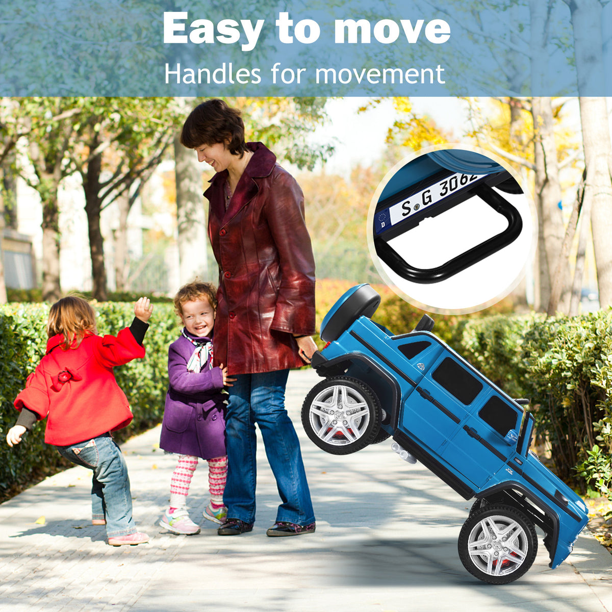 The kids electric car being tilted onto its rear wheels using a handle for easy transport