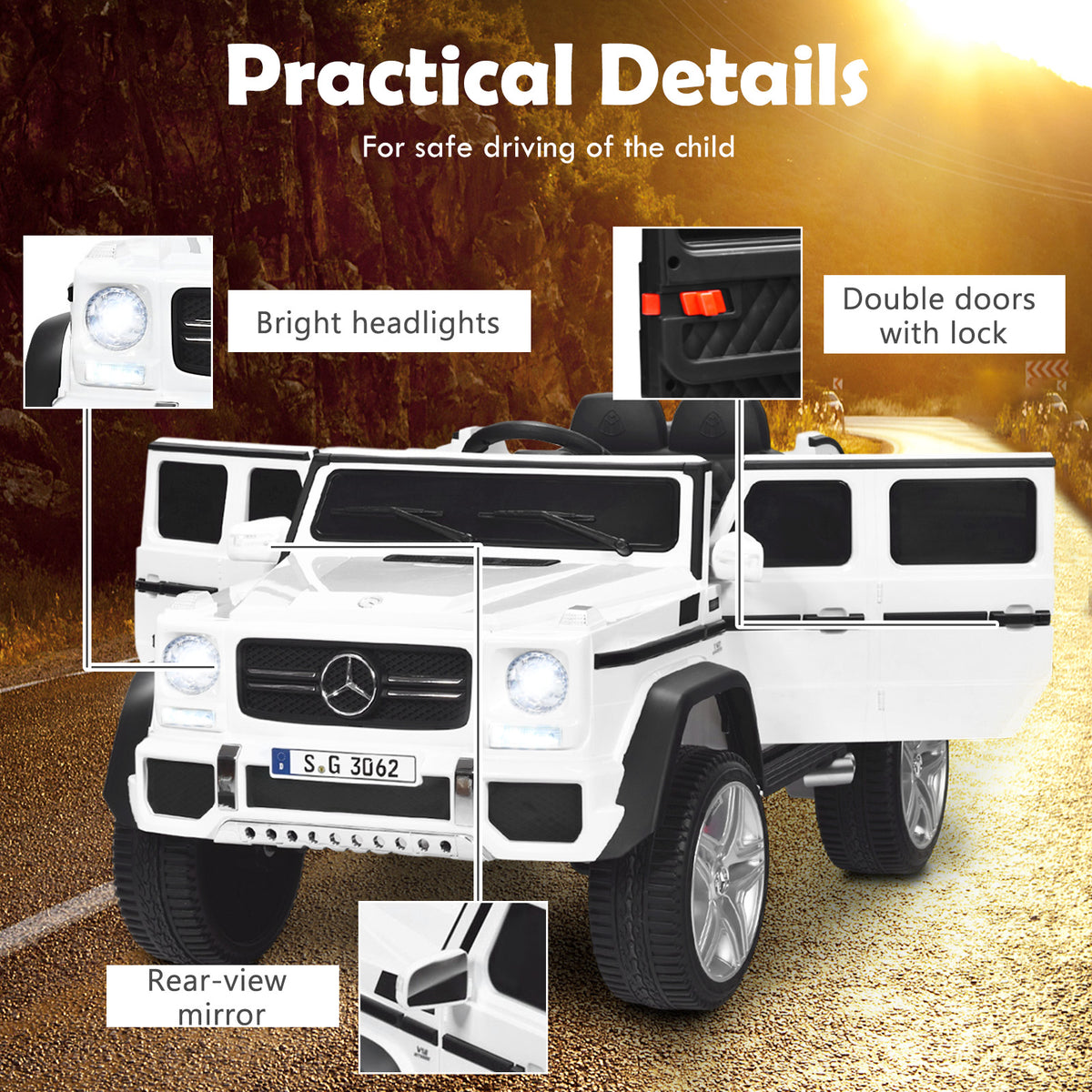 The kids electric car highlighting features like headlights and doors