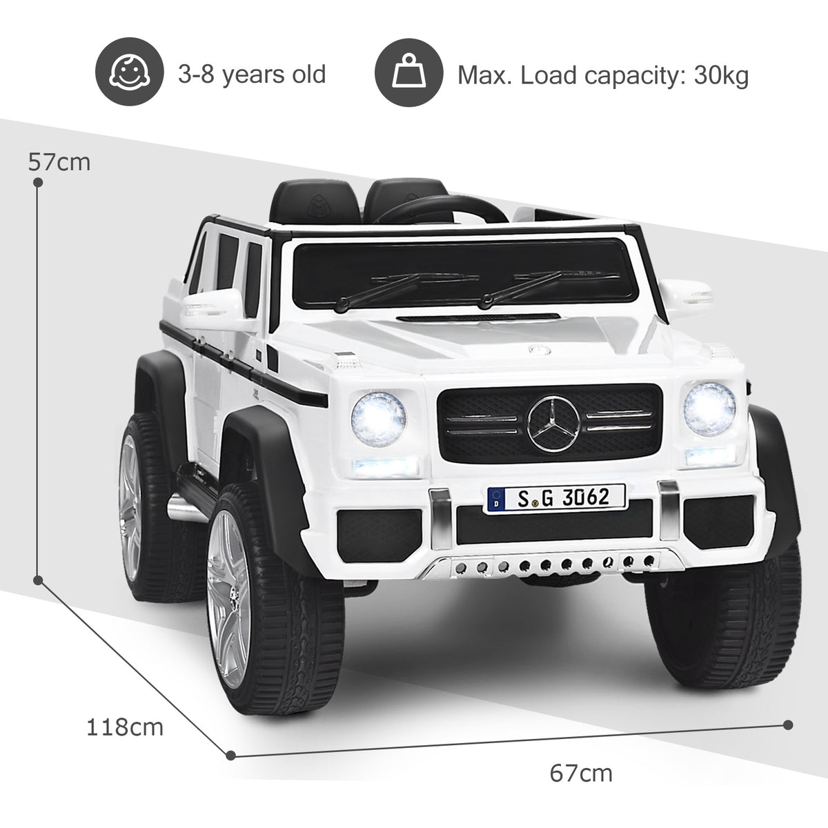 The kids electric car shown with dimension lines and age suitability