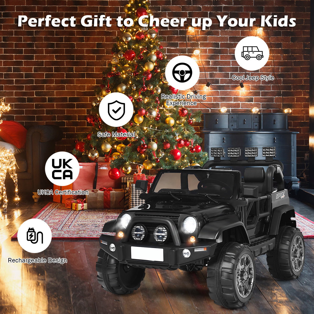 Black kids electric car with UKCA certification and rechargeable design icons