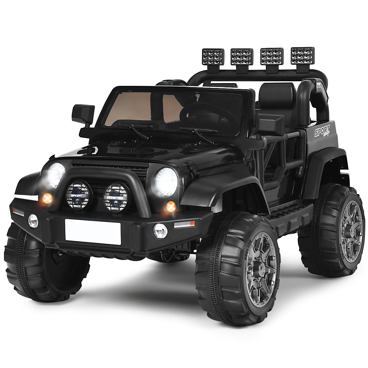 12V Electric Kids Ride On Truck with Remote Control in black, a realistic toy jeep with lights on