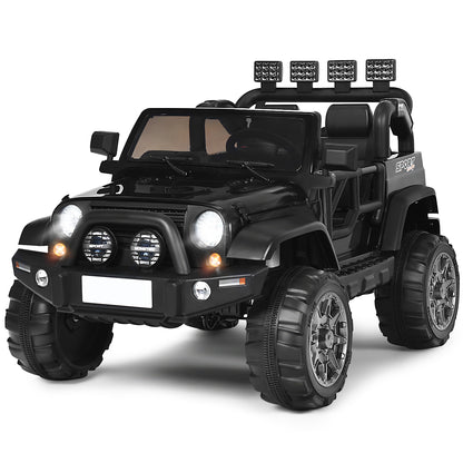 12V Electric Kids Ride On Truck with Remote Control in black, a realistic toy jeep with lights on