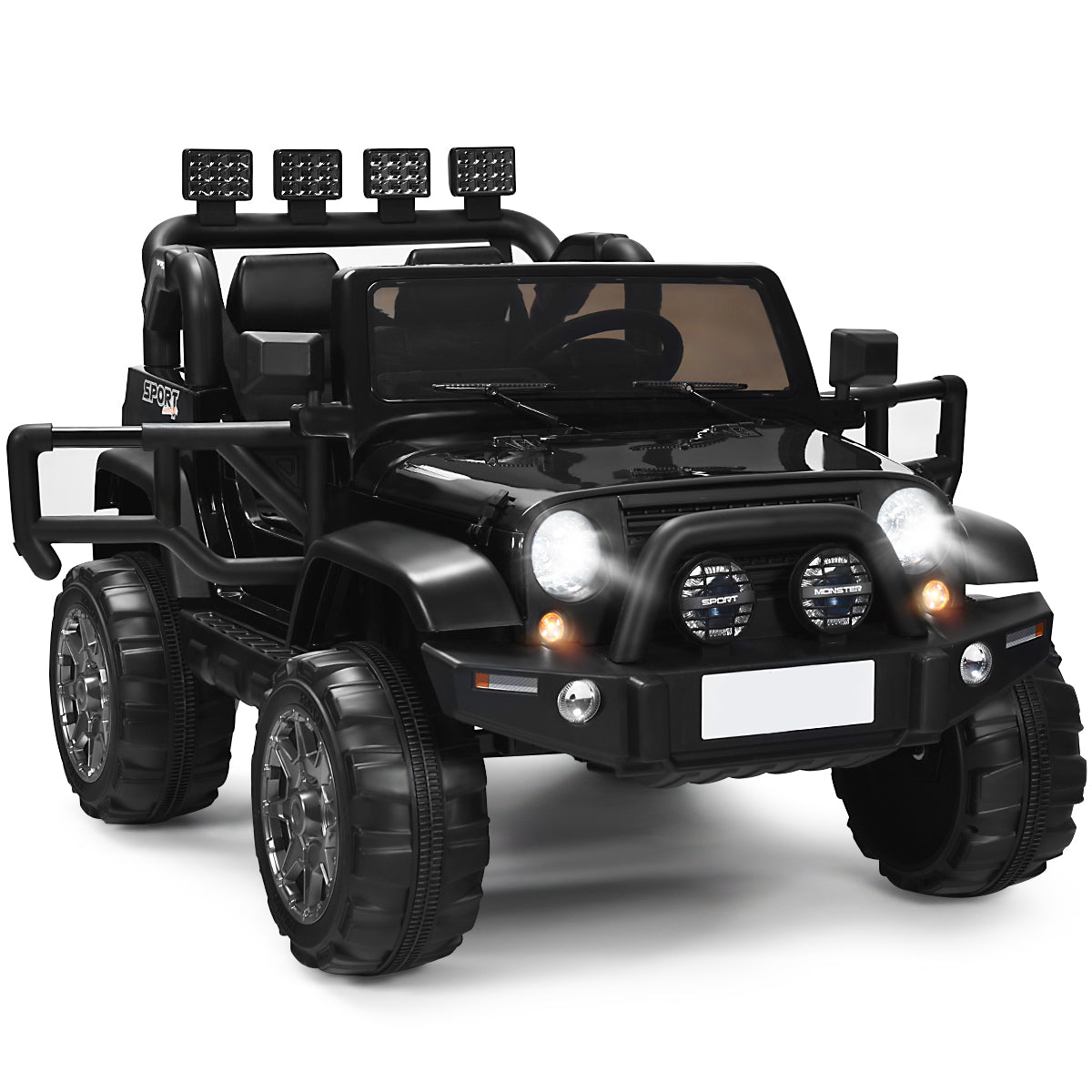 Rear view of the black kids electric ride on truck with doors open