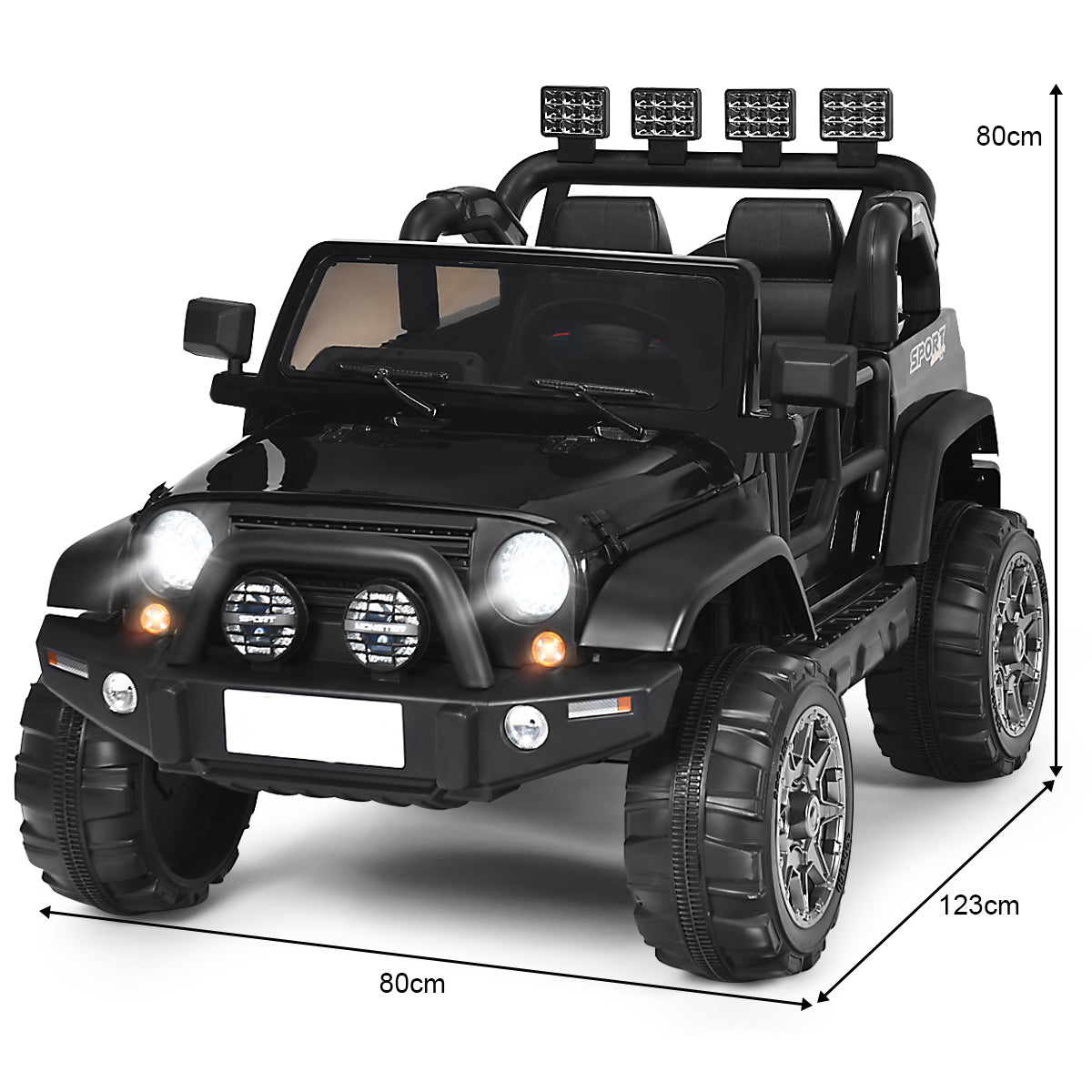 The black kids electric ride on truck with dimensions indicated