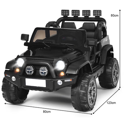 The black kids electric ride on truck with dimensions indicated