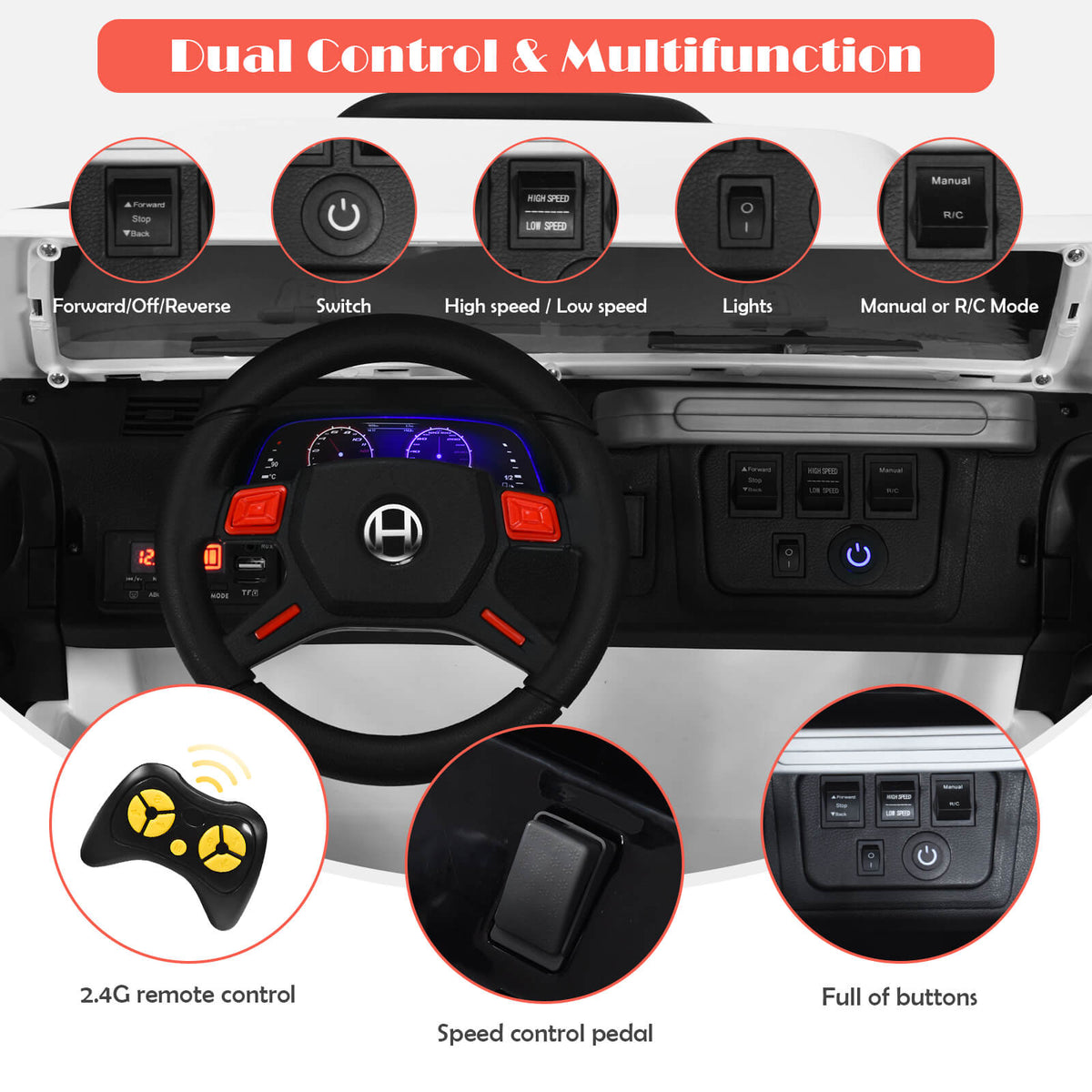 Interior details of the electric ride on truck, including the steering wheel and controls