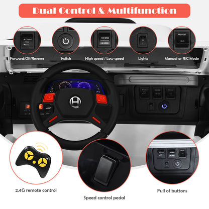 Interior details of the electric ride on truck, including the steering wheel and controls
