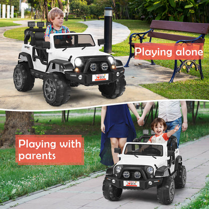 A white electric ride on truck shown with a child playing alone and with parents