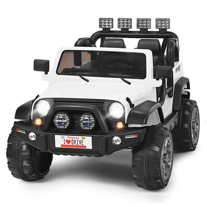 12V Electric Kids Ride On Truck with Remote Control-White, a white electric ride on truck with lights and large wheels