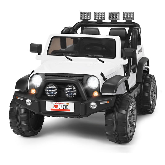12V Electric Kids Ride On Truck with Remote Control-White, a white electric ride on truck with lights and large wheels