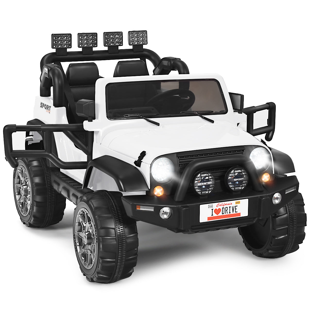 A white electric ride on truck with black accents, shown from a low front angle