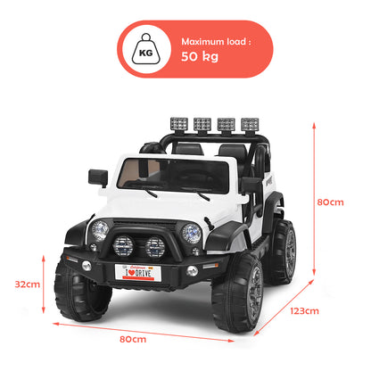 A white electric ride on truck with dimensions indicated for height, width, and length